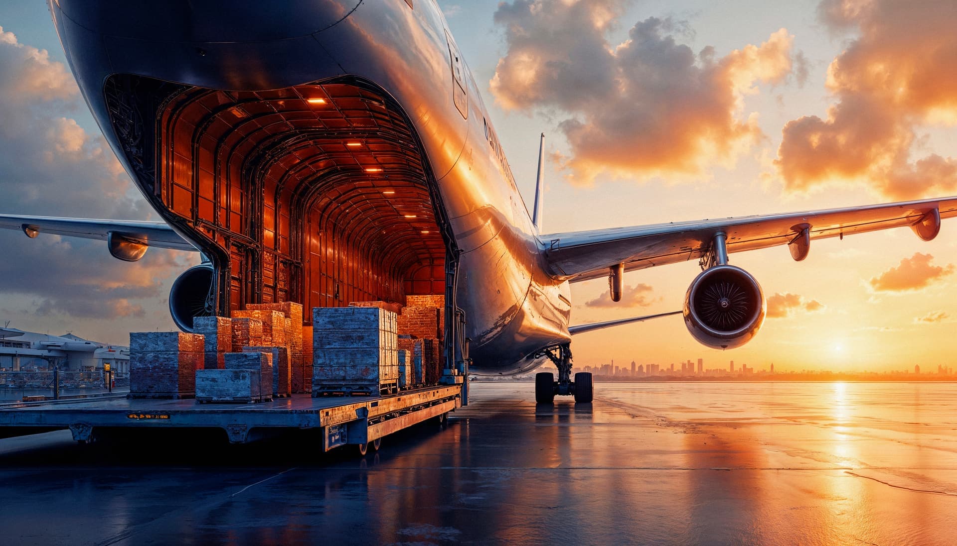 Air freight cargo being loaded into a freighter aircraft