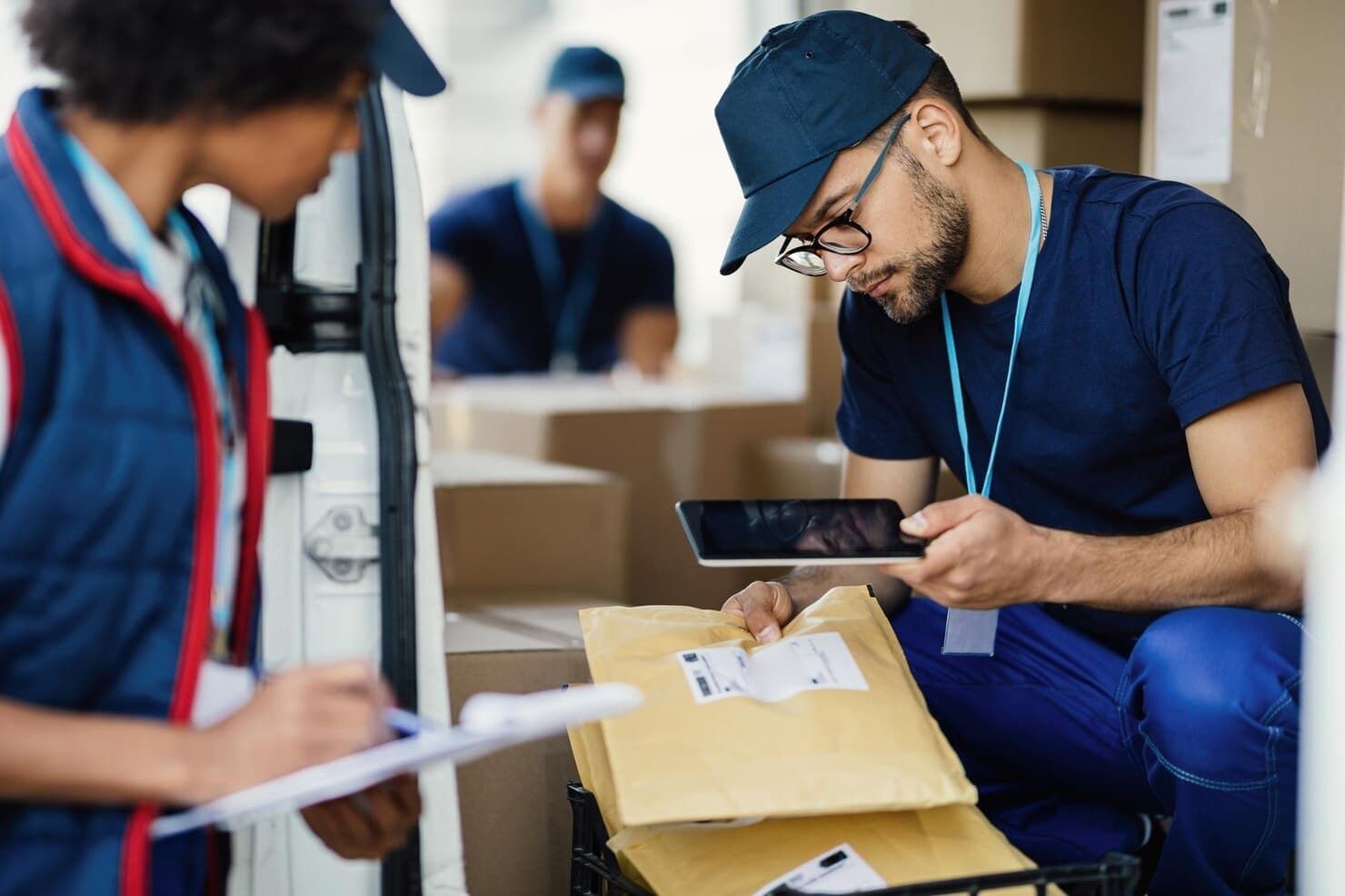 Customs clearance staff checking parcels and shipping documents